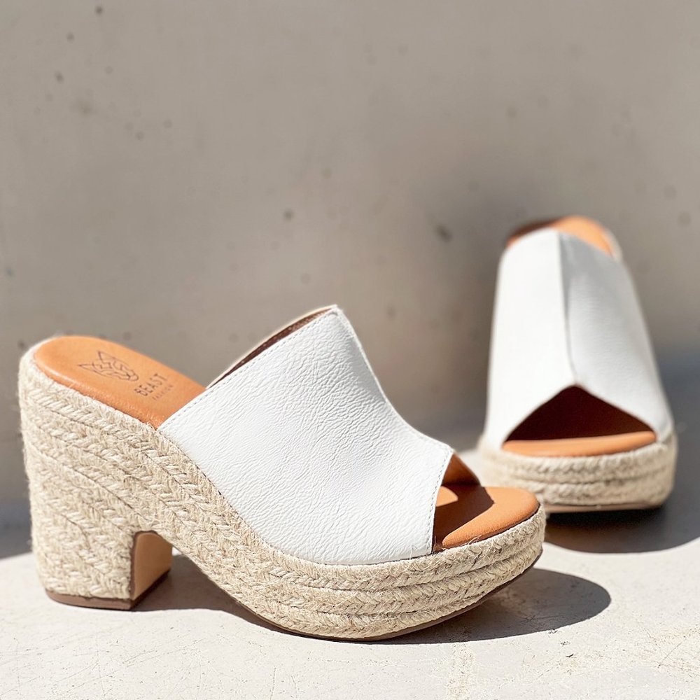 NEW White Faux Leather Espadrille Chunky Platform Wedge Slip On Slides Sandals - Picture 7 of 15